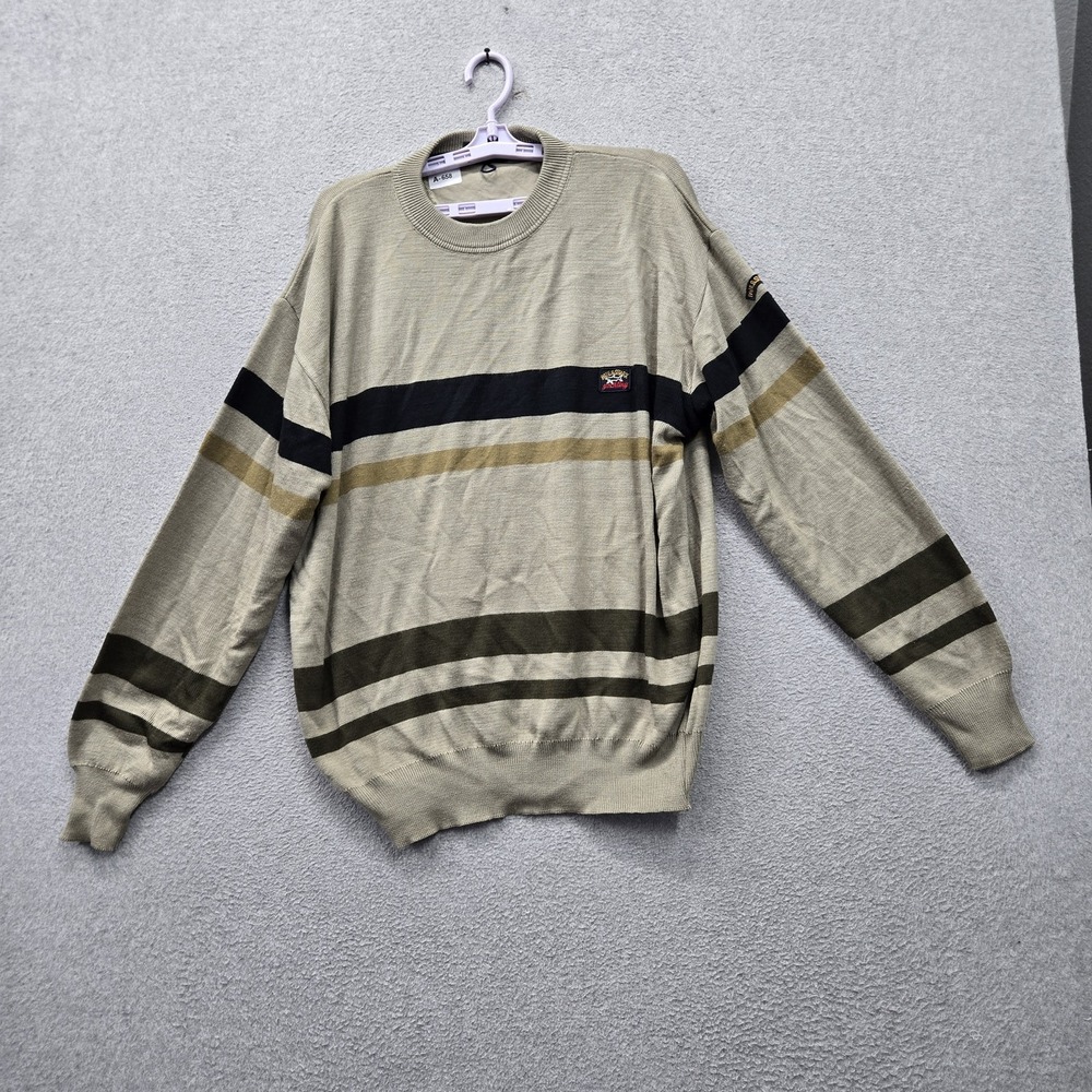 Paul & Shark Yachting Men Sweater 3XL Beige Striped Logo Embroidered Crew Neck